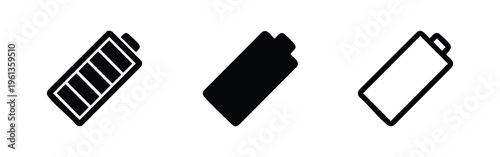 Battery icons in black, showing power levels and charging for electronic devices and energy concepts.