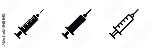 Syringe icons set. Medical injection, vaccine, and healthcare symbols. Vector illustration of drug administration tools.