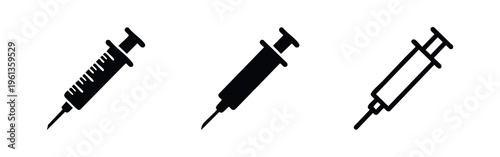 Syringe injection icons set. Vaccine, medicine, and healthcare tools. Vector illustration for medical procedures.
