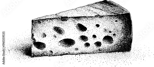 Stippled black and white cheese wedge showing porous hole structure and shadow for packaging design label or culinary background use