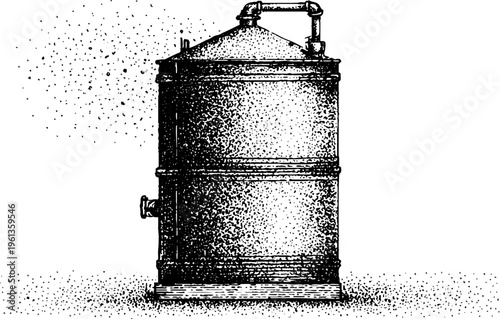 Vintage stippled cylindrical chemical storage tank illustration in black and white for industrial background and technical diagram use