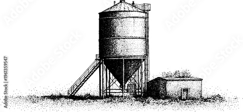 Stippled agricultural grain silo storage tower black and white illustration with staircase and outbuilding for rural or farm background design
