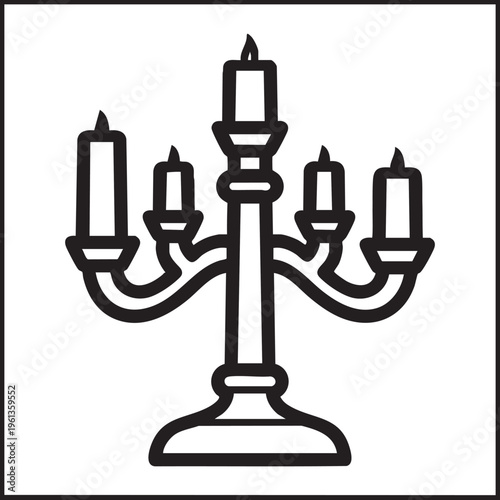 Illustration of a four-branched candelabra with candles on a table indoors