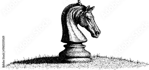 Detailed black and white stippled chess knight bust on a textured grassy base for game illustration and strategy poster design