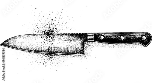 Kitchen chef knife detailed stippled black and white engraving with blade texture and cutting marks for culinary poster design