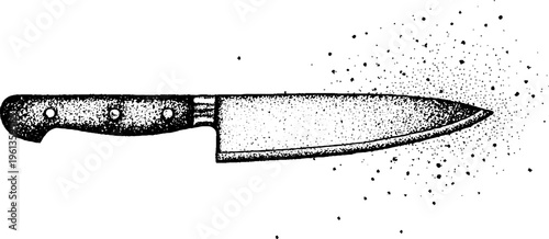 Stippled chef knife illustration in black and white with textured blade and handle for culinary design background and packaging