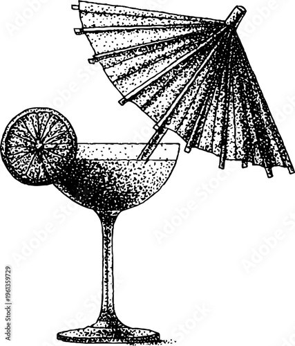 Vintage stippled cocktail glass with umbrella and citrus garnish for bar menu background and poster design