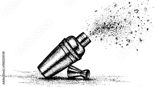 Stippled metal cocktail shaker with jigger and splashing powder for bar menu background and poster design