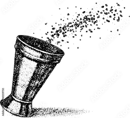 Tilted stippled cocktail shaker pouring scattered particles for bar menu background and poster design