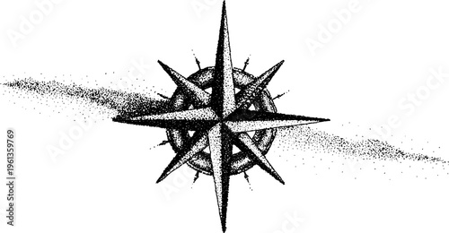 Stippled compass rose directional wind symbol in black and white for nautical map background and navigation poster design