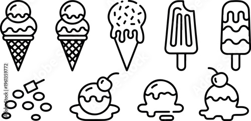 Set of simple outline ice cream cones popsicle and melting scoops on transparent background.