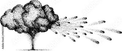 Stippled black and white explosion burst drawing of confetti cannon effect for party poster background and decorative design