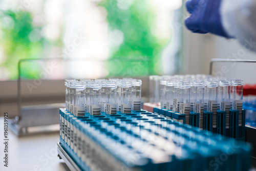 Wallpaper Mural Sample Rack Filled With Labeled Vials On Bench, Orderly Rows Of Tubes In Blue Holder, Daylight Window, Focus Torontodigital.ca