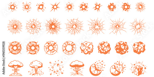 A collection of various orange vector icons depicting bullet holes, cracks, explosions and debris Vector, illustration