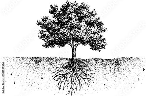 Stippled cosmic tree with roots depicted as constellations in black and white for nature background or poster design