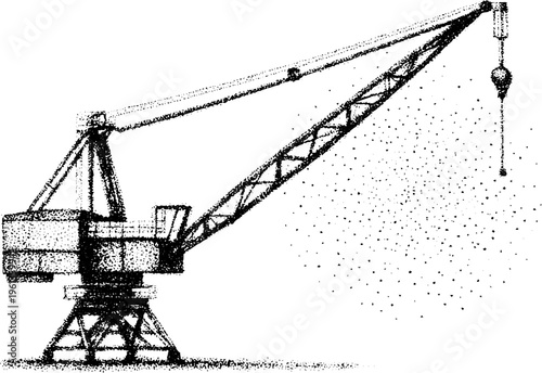 Stipple crane lifting steel beam construction illustration in black and white for industrial background or poster design