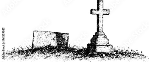 Stipple cross and fallen headstone on a grassy grave with moss texture in black and white for memorial background