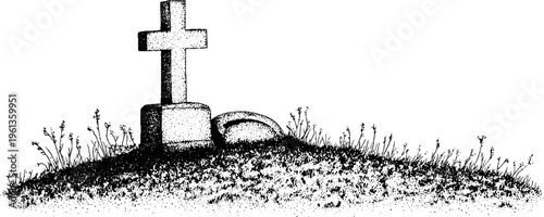 Stipple cross gravestone on grassy mound with moss texture in black and white for memorial background or poster