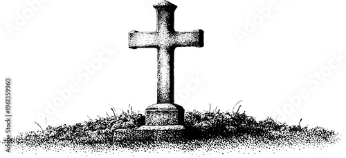 Aged stone cross gravestone with moss and grass texture in black and white stippling for memorial background and vintage cemetery design