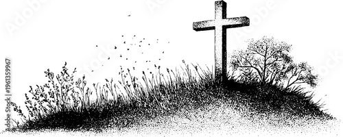 Stipple cross on a grassy hill with wild plants and aged texture in black and white for cemetery background or poster