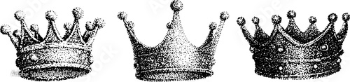 Trio of vintage crowns in black and white stippling showing varied regal designs and jewel details for decorative emblem set or label background