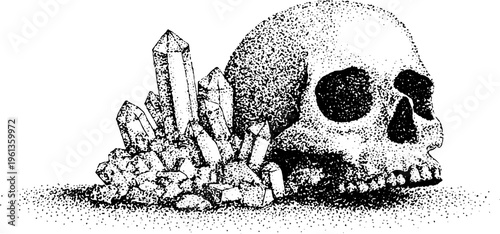 Human skull with crystal cluster growing beside it in black and white stippling for macabre botanical background or occult decorative design