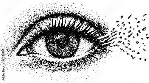 Detailed stippled eye with scattered data particles in black and white for design background or poster