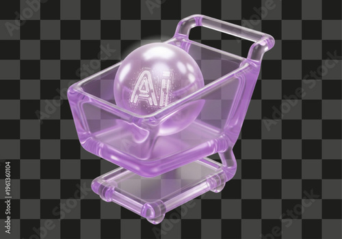 Digital e-commerce shopping cart holding a translucent purple AI intelligence sphere icon