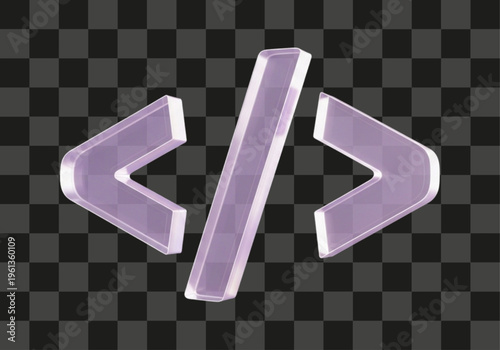 Three dimensional rendered translucent code tag symbol with subtle purple tint featuring volumetric light