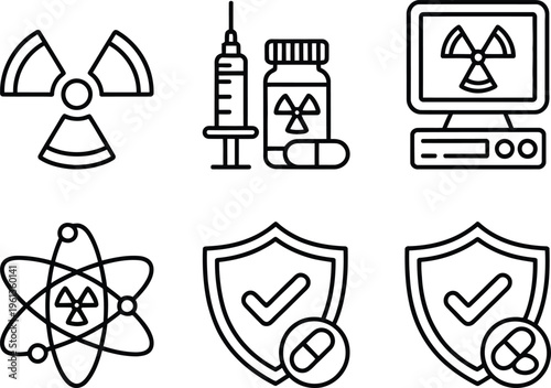 Symbols representing radiation, medicine, cybersecurity, and scientific verification