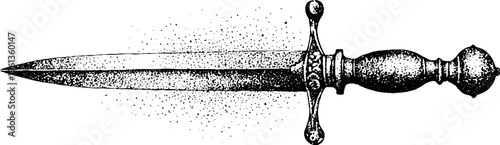 Stippled black and white dagger illustration with ornamental handle and tapered blade for vintage tattoo design and historical artwork