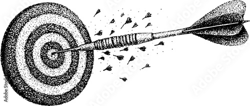 Black and white stippled dart hitting bullseye with flying fragments for sports poster or target illustration