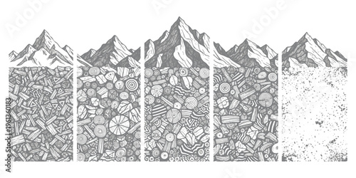 A panoramic illustration featuring stylized mountain peaks above abstract cross section layers Vector, illustration