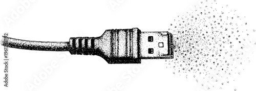 Black and white stippled usb cable connector dissolving into scattered dots for technology background or cyber graphic design