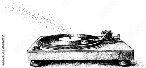 Vintage black and white stippled turntable and spinning vinyl record for music background and retro poster design