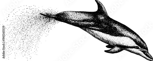 Stippled black and white dolphin leaping with trailing water droplets for marine background banner and wildlife conservation design