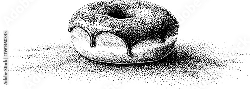 Stippled donut illustration with small glaze drips and ground shadow in black and white pointillism for packaging design label and menu artwork