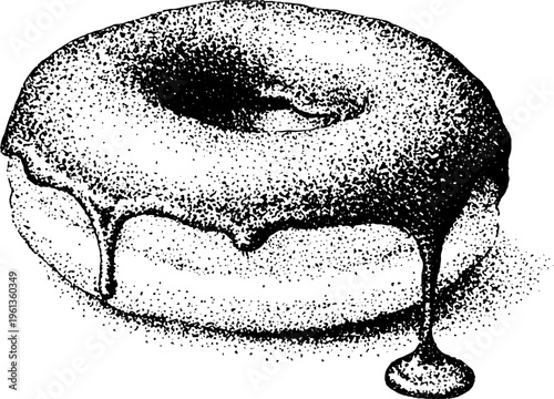 Stippled donut illustration with heavy dripping glaze and pronounced drip puddle in black and white pointillism for packaging design label and menu artwork