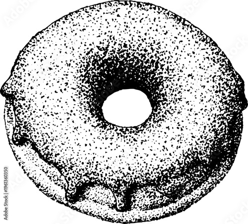 Stippled top view donut illustration with subtle glaze drip accents in black and white pointillism for packaging design label and menu artwork