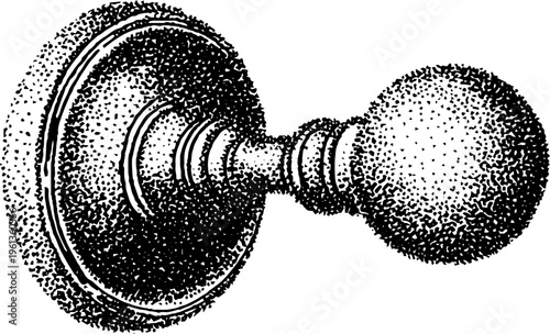 Door knob round grip stippled black and white vintage hardware drawing for design background and engraving-style spherical handle element