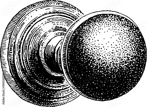 Door knob round grip stippled black and white vintage hardware drawing for design background and engraving-style plain knob element