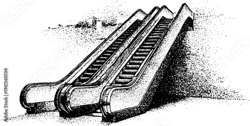 Twin escalator steps in black and white stipple artwork with perspective and motion for background poster and banner design