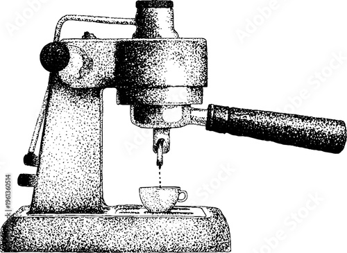 Espresso machine with portafilter and steam wand black and white stippled illustration for kitchen background poster and coffee equipment design reference