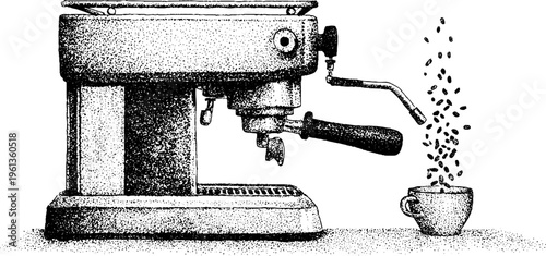 Espresso machine with portafilter and steam wand in black and white stipple artwork for cafe menu poster and background design