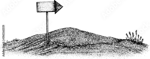 Triangular evidence marker sign on soil mound black and white stippled illustration for forensic signage background and directional diagram use