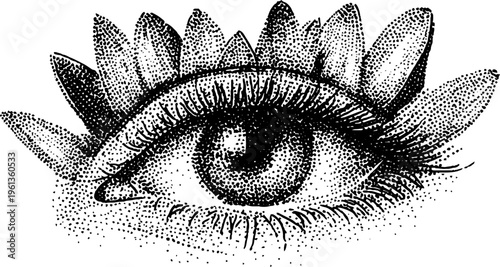 Eye framed by petal shaped lashes black and white stippling for surreal beauty design and vintage tattoo reference background