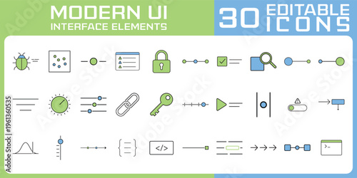 Modern UI icon set with 30 editable interface elements, minimal green and blue line icons collection for web, mobile apps, dashboard, security, settings, analytics and navigation design
