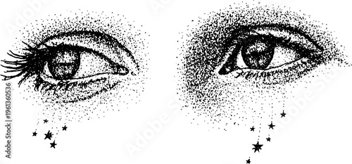Pair of eyes crying stars instead of tears black and white stippling for surreal poster design and alternative tattoo art