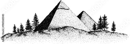 Pyramid mountain landscape with pine trees black and white stippled illustration for nature background poster and scenic wilderness design element
