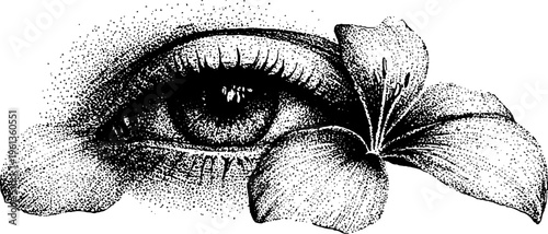 Detailed eye emerging from blooming flower petals black and white stippling for botanical tattoo design and floral background